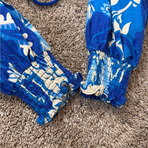 House of Harlowe 1960 Blue Cream Floral Paisley Repeat Top Maxi Skirt Set Linen - Picture 12 of 15